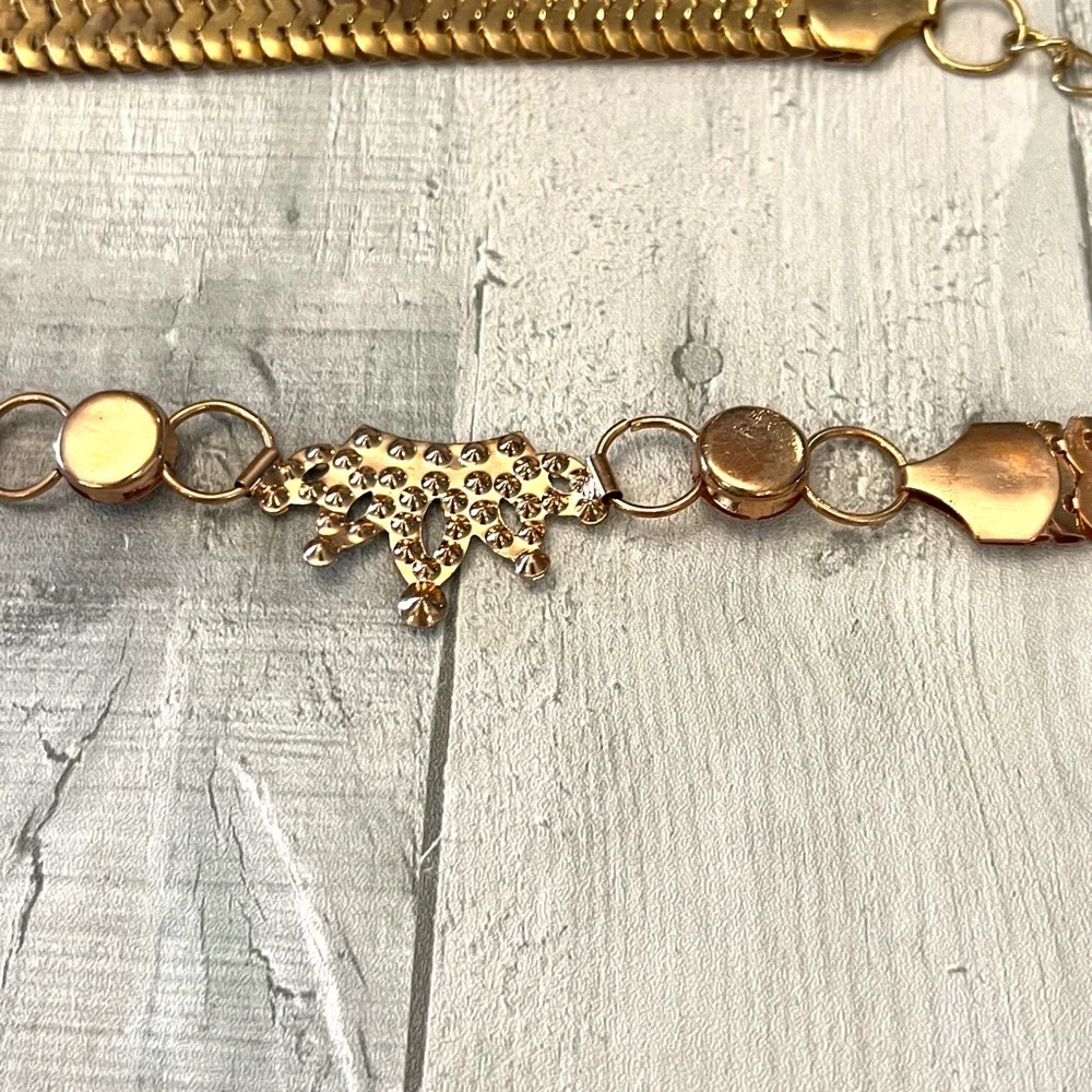 Rose Gold Tone Waist Belt Metal Rhinestone Crown 24-43” Waist Copper Bling Queen